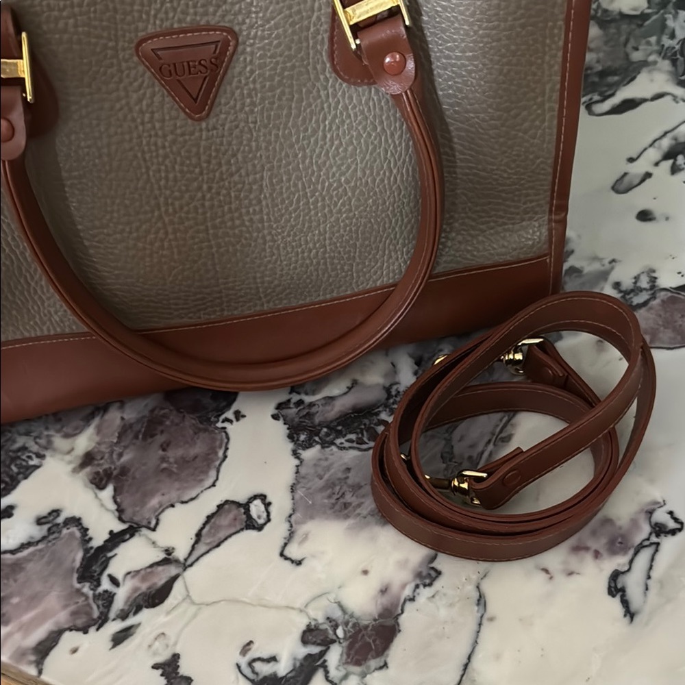 Vintage 90s Guess Brown Pebble Leather Double Handle Large Shoulder Bag Purse - Picture 2 of 7